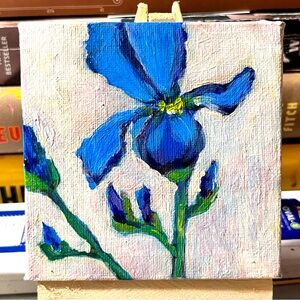 Original acrylic mini painting of blue irises, gift, art